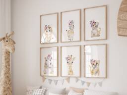 Blush Gold Safari Nursery Prints Set Of 6 Baby Animals Floral Accents - Digital Download