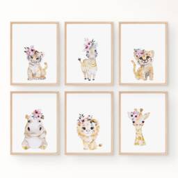 Blush Gold Safari Nursery Prints Set Of 6 Baby Animals Floral Accents - Digital Download - thumbnail 2