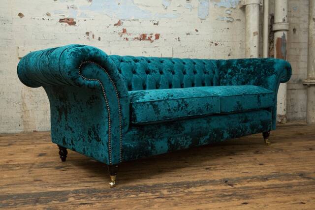 British Handmade 3 Seater Dark Teal Crushed Velvet Chesterfield Sofa - image 1