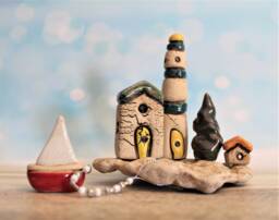Beach House D??cor, Nautical Scene, Art Boat Sculpture, Seaside Tiny Island, Island Rustic By The Sea - thumbnail 1
