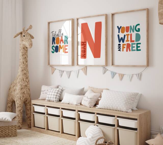 Set Of 3 Boys Bedroom Prints, Nursery Decor, Jungle, Safari, Orange Teal Blue, Young Wild & Free, Wall Art - image 1