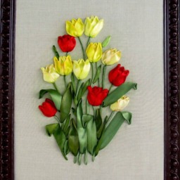 Embroidered Satin Ribbon Tulips Picture, Floral Linen Wall Art - 22x18 In - thumbnail 2
