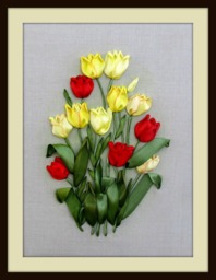 Embroidered Satin Ribbon Tulips Picture, Floral Linen Wall Art - 22x18 In - thumbnail 1