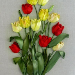 Embroidered Satin Ribbon Tulips Picture, Floral Linen Wall Art - 22x18 In - thumbnail 3