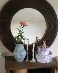Large Vintage Round Mirror Wall, Wood Framed Living Room, Wall Hanging Scandinavian Mirror, Circle Made From Wood - thumbnail 1
