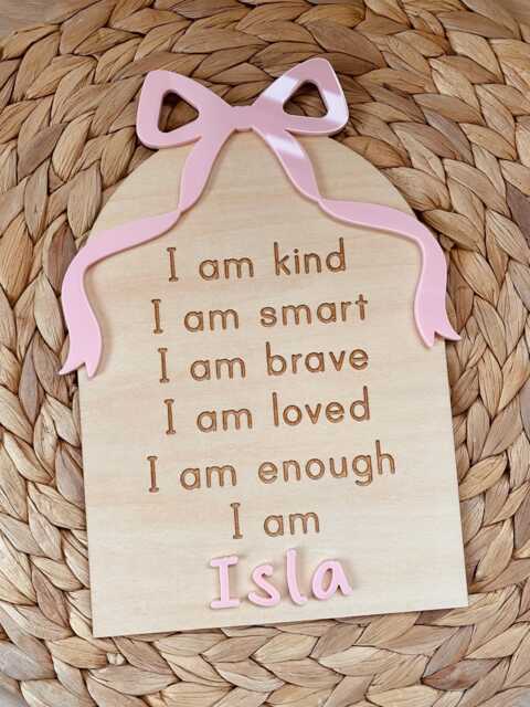 Personalised Affirmation Board. Childrens I Am Positive Wooden Plaque With Bow. Kids Bedroom Or Nursery Decor Sign Name - image 1