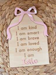 Personalised Affirmation Board. Childrens I Am Positive Wooden Plaque With Bow. Kids Bedroom Or Nursery Decor Sign Name - thumbnail 1