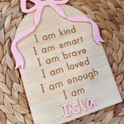 Personalised Affirmation Board. Childrens I Am Positive Wooden Plaque With Bow. Kids Bedroom Or Nursery Decor Sign Name - thumbnail 2