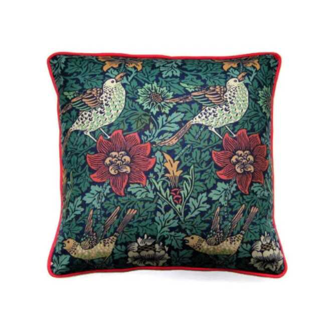 William Morris, Bird & Anemone, Arts Crafts, Teal Green Red Cotton Cushion Cover, Throw Pillow Home Decor - image 1
