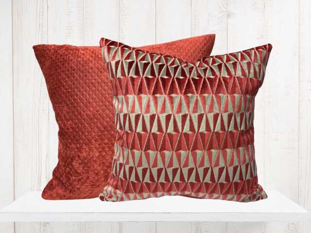 A Pair Of Modern Velvet Pillow Covers, Geometric Pattern & Quilted Shades Or Red - image 1