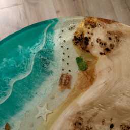 Round Ocean Coffee Table, Wood & Epoxy Resin With Moss, Wooden Live Edge Dining Table - thumbnail 2