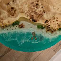 Round Ocean Coffee Table, Wood & Epoxy Resin With Moss, Wooden Live Edge Dining Table - thumbnail 3