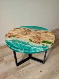 Round Ocean Coffee Table, Wood & Epoxy Resin With Moss, Wooden Live Edge Dining Table