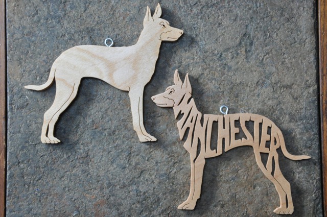 Set Of 2 Manchester Terrier Dog Ornaments Wooden Hand Cut Christmas Tree Decoration