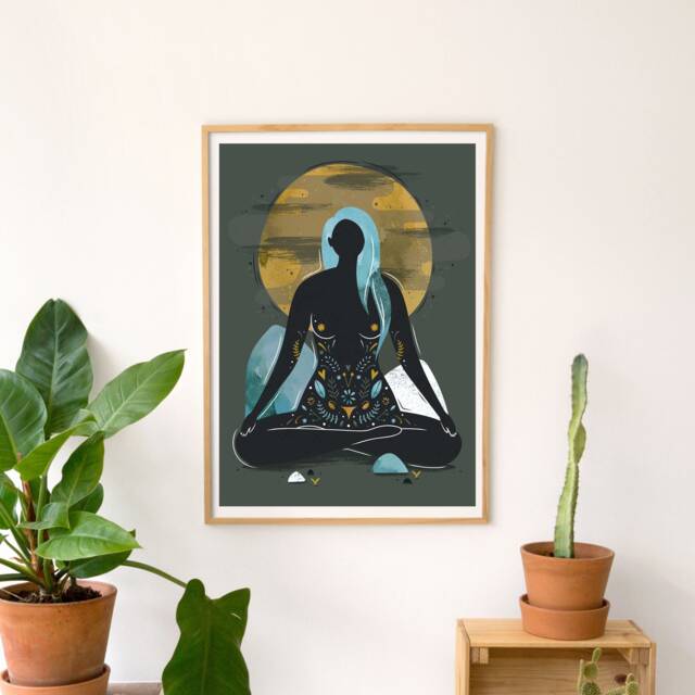 A3 Wall Art, Illustration Print, My Body Is Temple, Meditate Lotus Pose - image 1