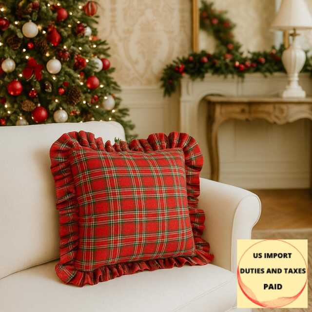 Farmhouse Christmas Plaid Pillow Cover With Ruffles Tartan Euro Sham, Custom Size Holiday Decor - image 1