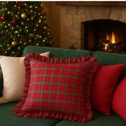 Farmhouse Christmas Plaid Pillow Cover With Ruffles Tartan Euro Sham, Custom Size Holiday Decor - thumbnail 2