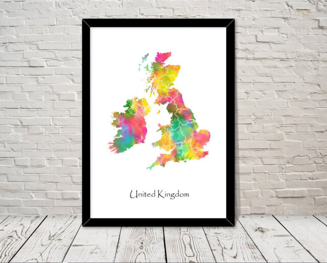 UK Art Watercolour Illustration Great Britain Map Abstract Print Wall Home Decor Print Office Living Room