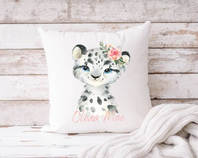 Personalised Snow Leopard Cushion - Boys & Girls Bedroom Gift New Baby Shower - image 1