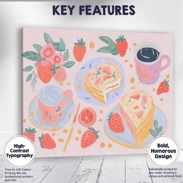 strawberry Cake & Coffee Breakfast Watercolour Illustration Canvas Wall Art Print Decor Picture Ready To Hang - image 1