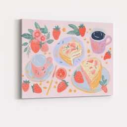 strawberry Cake & Coffee Breakfast Watercolour Illustration Canvas Wall Art Print Decor Picture Ready To Hang - thumbnail 4