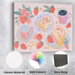 strawberry Cake & Coffee Breakfast Watercolour Illustration Canvas Wall Art Print Decor Picture Ready To Hang - thumbnail 2