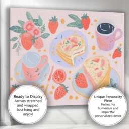 strawberry Cake & Coffee Breakfast Watercolour Illustration Canvas Wall Art Print Decor Picture Ready To Hang - thumbnail 3