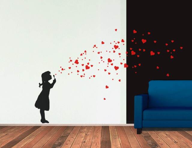 Heart Bubble Girl Wall Decal Diy - Heart Stickers, Soap Bubbles, Kidsroom Banksy Style Sticker, Urban Interior, Berlin Design - image 1
