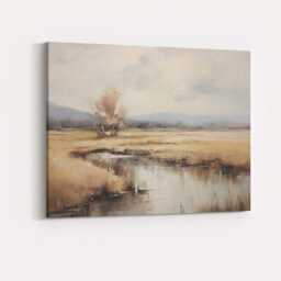 Soft Neutral Meadow Stream Misty Countryside Landscape Impressionist Canvas Wall Art Print Decor Picture Ready To Hang - thumbnail 4
