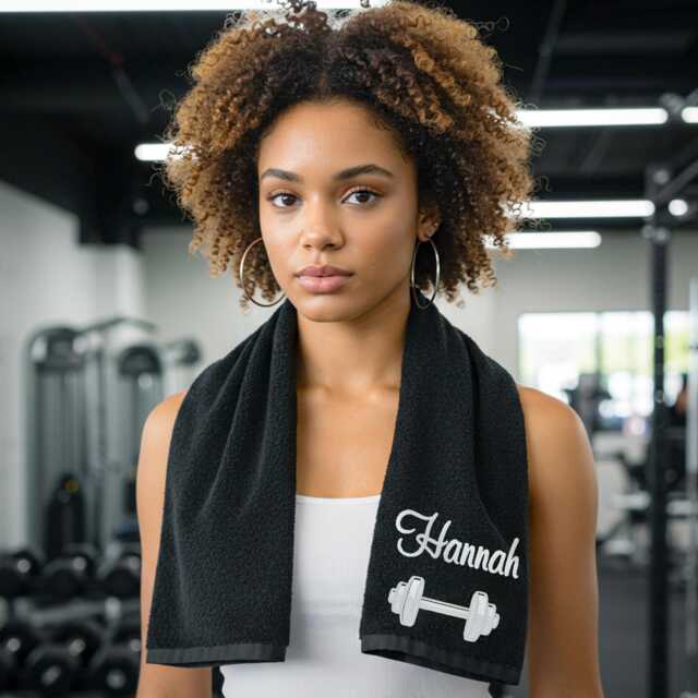 Personalised Barbell Design Towel - Custom Embroidered Name & Text Cotton Gym Weight Lifting - image 1