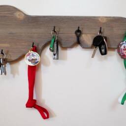 Wood Medal Holder Gray Rustic Key Wall Dog Collar Belt Hanger Leash Wooden Hook Distressed Organizer - thumbnail 2