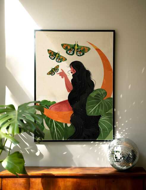 Moon Goddess Art Print - Botanical Woman With Butterflies Celestial Wall Terracotta - image 1