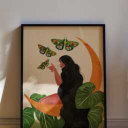 Moon Goddess Art Print - Botanical Woman With Butterflies Celestial Wall Terracotta - thumbnail 2