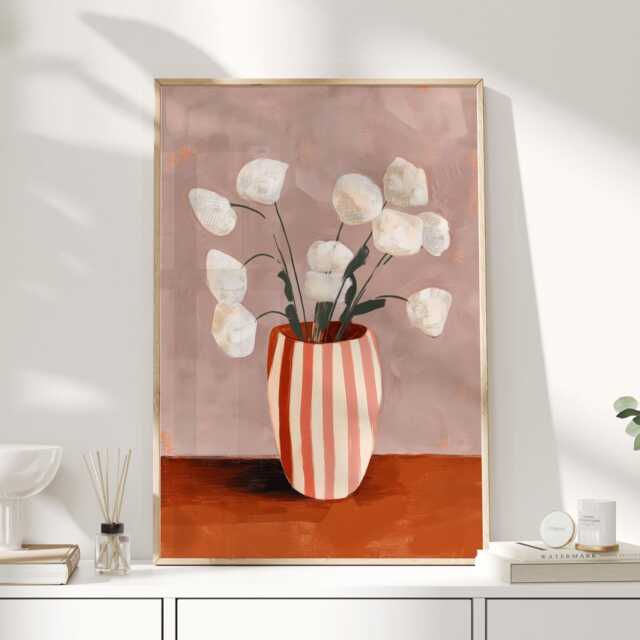 Striped Vase Floral Art Print, Modern Still Life With White Flowers, Warm Peach & Terracotta Wall For Kitchen, Dining Room Or Hallway - image 1