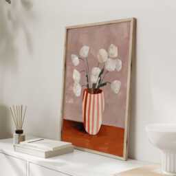 Striped Vase Floral Art Print, Modern Still Life With White Flowers, Warm Peach & Terracotta Wall For Kitchen, Dining Room Or Hallway - thumbnail 3