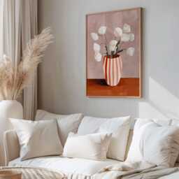 Striped Vase Floral Art Print, Modern Still Life With White Flowers, Warm Peach & Terracotta Wall For Kitchen, Dining Room Or Hallway - thumbnail 2