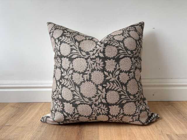 Authentic Boho Floral Indian Hand Block Stamped Linen Print Pillow Cover Green Grey Beige Available in Multiple Sizes Scandinavian - image 1