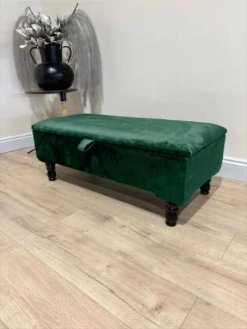 Green Velvet Ottoman Bench Handmade Chesterfield Storage Trunk, UK Made - image 1