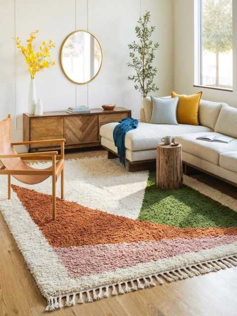White Orange Green Geometric Moroccan Shag Rug, Large Area Carpet, Boho Tribal Decor, Handmade Wool - image 1