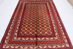 Red 3'4x4'6 Handmade Afghan Area Rug - Bukhara Design Wool Rug, Rugs For Living Room Bedroom Oriental Turkmen 3x5 Kitchen - thumbnail 1