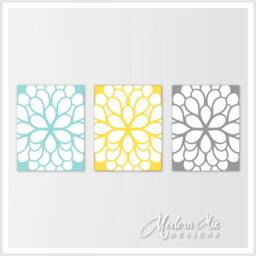 Flower Prints Wall Art Teal Yellow You Pick Colors Print Or Canvas