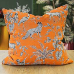 Magical Menagerie Tapestry Cushion in Neon Orange. Steampunk Fish, Deers, Meerkats A Fantasy Forest. 17x17 - thumbnail 1