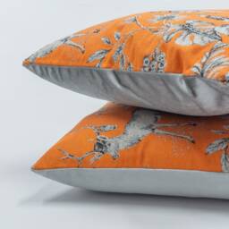 Magical Menagerie Tapestry Cushion in Neon Orange. Steampunk Fish, Deers, Meerkats A Fantasy Forest. 17x17 - thumbnail 2