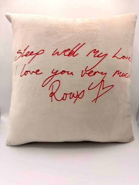 Handwriting Embroidered Velvet Cushion Personalized Family Keepsake - Handmade in UK - image 1