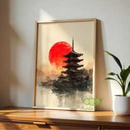 Japanese Pagoda Wall Art, Rising Sun Poster, Asian Ink Painting Print, Zen Minimalist Home Decor, Japandi Style Artwork, Kyoto Temple Art - thumbnail 3
