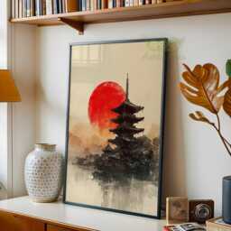 Japanese Pagoda Wall Art, Rising Sun Poster, Asian Ink Painting Print, Zen Minimalist Home Decor, Japandi Style Artwork, Kyoto Temple Art - thumbnail 2