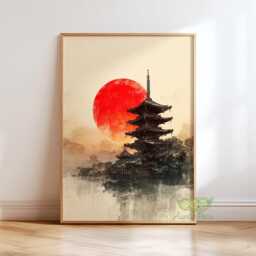 Japanese Pagoda Wall Art, Rising Sun Poster, Asian Ink Painting Print, Zen Minimalist Home Decor, Japandi Style Artwork, Kyoto Temple Art - thumbnail 1