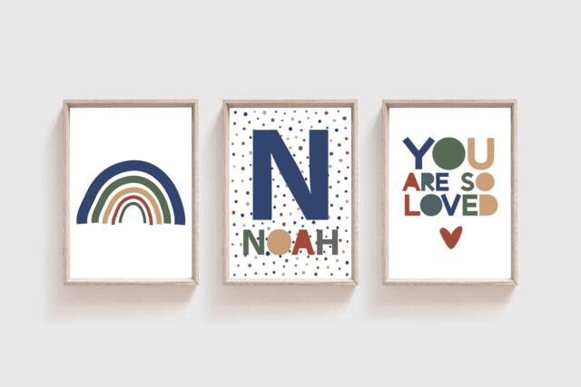 Set Of 3 Boys Nursery Prints, Rainbow Wall Art, Blue You Are Loved Print, Personalised, Bedroom Decor - image 1