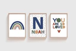 Set Of 3 Boys Nursery Prints, Rainbow Wall Art, Blue You Are Loved Print, Personalised, Bedroom Decor - thumbnail 1