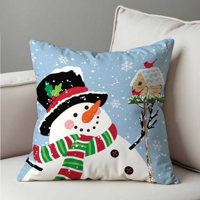 Christmas Cushion Cover With Snowman & Snowflakes, Holiday Winter Throw Pillow Case, Cute Festive Home Decor - image 1